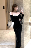 Elegant Black Off - Shoulder Velvet Gown with Lace Trim