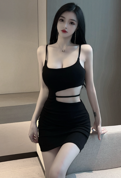 Elegant Sling Mini Dress with Midriff Cut - out Detail