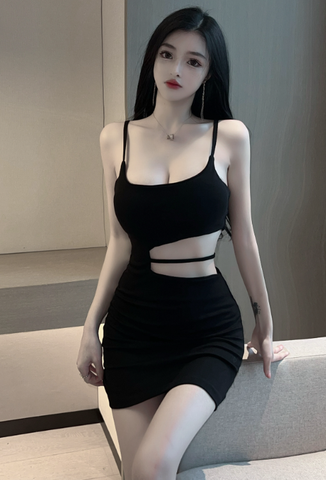 Elegant Sling Mini Dress with Midriff Cut - out Detail