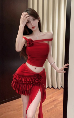 Stylish Red Off - Shoulder Set with Ruffled Skirt and Flower Decor