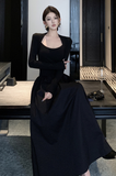 Stylish Black Fitted Bodice Long Skirt Evening Dress