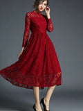 Burgundy High Neck Lace Long Sleeve Party Dress