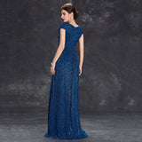 Ruched V Neck Cap Sleeve Sequin Blue Prom Dress