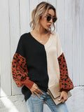 STYLISH LOOSE V-NECK SPLICING LEOPARD PRINT PULLOVER SWEATER