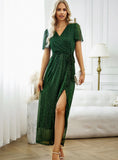 V-NECK SPLIT SHORT SLEEVE LONG DRESS