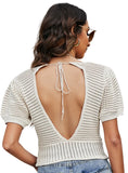 STYLISH BUBBLE SLEEVE HOLLOW BACKLESS V-NECK TOP