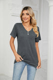 SOLID COLOR SHORT SLEEVE BUTTON V-NECK T-SHIRT