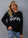 CLASSY CASUAL BLACK ROUND NECK LETTER SWEATER