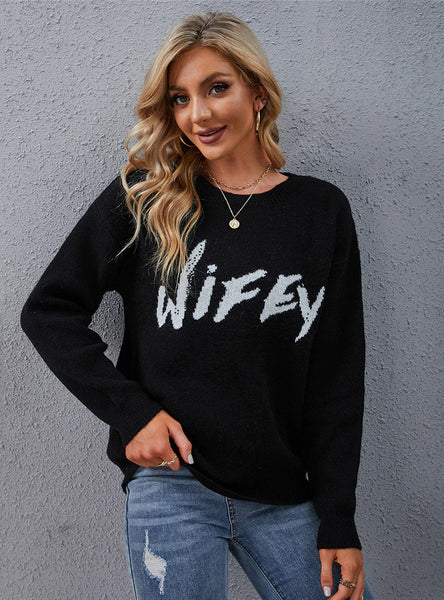 CLASSY CASUAL BLACK ROUND NECK LETTER SWEATER