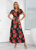 SHORT-SLEEVED V-NECK ROSE PRINT DRESS