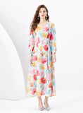 Retro V-neck Single-breasted Printed Long Dress