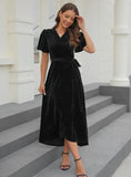 SPLIT PIT VELVET SHORT SLEEVE DRESS