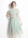 LACE SHORT SLEEVE SLIM WAIST DRESS