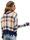 FASHION BROKEN V-NECK LOOSE CHECK JACQUARD SWEATER
