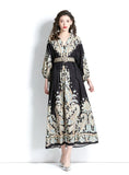 RETRO PALACE STYLE V-NECK LANTERN SLEEVE PRINTED DRESS