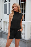 HIGH NECK SLEEVELESS VEST DRAWSTRING POCKET SHORTS SUIT