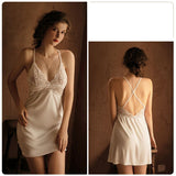 SEXY DEEP V STITCHING LACE SUSPENDER NIGHTDRESS SUIT