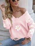 STYLISH HOLE LONG SLEEVE LOOSE SMALL FLOWER V-NECK SWEATER