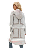 STYLISH HOODED PLAID KNIT CARDIGAN STRIPED SWEATER