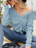 STYLISH IRREGULAR DRAWSTRING V-NECK LONG SLEEVE SWEATER