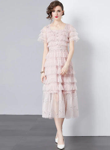 U-NECK SEQUINED LACE SHORT SLEEVE CAKE DRESS