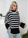 STRIPED SIDE SPLIT MEDIUM AND LONG SWEATER