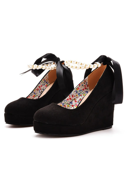 BEADED RIBBON ROUND HEAD WATERPROOF PLATFORM SHOES