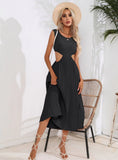 HOLLOW WAIST PLEATED SLEEVELESS BIG SWING DRESS