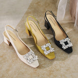 SQUARE-HEADED THICK HEELS CRYSTAL SHOES