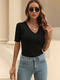 FASHION V-NECK KNIT SLIM SOLID COLOR TOP