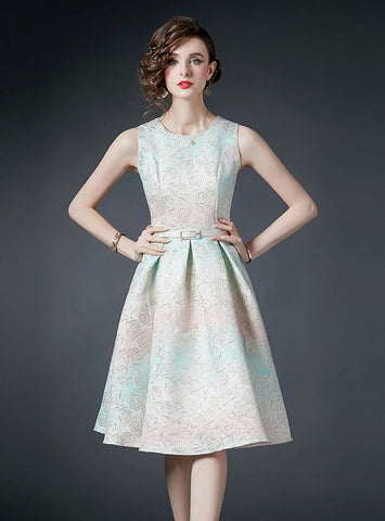 SLEEVELESS SLIM WAIST JACQUARD DRESS