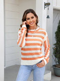 Hollow Striped Round Neck Long Sleeve Sweater