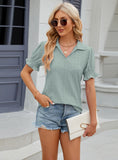 SOLID COLOR LAPEL SHORT SLEEVE PLEATED LOOSE T-SHIRT