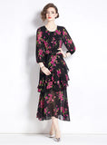 RETRO PRINTED CHIFFON SLIM RUFFLED DRESS