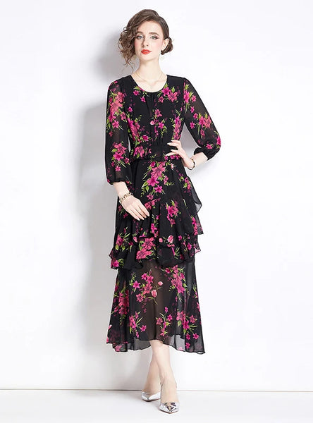 RETRO PRINTED CHIFFON SLIM RUFFLED DRESS