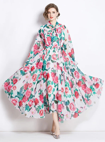RETRO CHIFFON PRINTED LONG SLEEVE SLIM DRESS