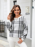 Plaid Splicing Pullover Round Neck Sweater