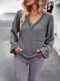 SOLID COLOR V-NECK LONG SLEEVE TOP