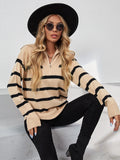 CLASSY HIGH NECK STRIPED LONG SLEEVE ZIPPER SWEATER