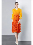 FOLDING WOODEN EAR RUFFLED SLIM V-NECK GRADIENT DRESS