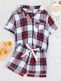FASHION SUMMER SHORT SLEEVE TOP PLAID SUIT