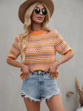 FASHION SPLICED HOLLOW LOOSE ROUND NECK STRIPED SWEATER