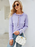 FASHION PULLOVER BUTTON ROUND NECK WOOD EAR SWEATER