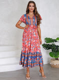 V-NECK LOTUS LEAF SLEEVE FLORAL PRINT LONG DRESS