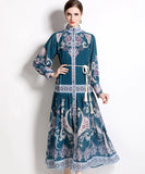 RETRO ETHNIC PRINT SINGLE-BREASTED DRESS