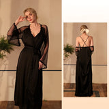 FASHION LONG SLEEVE SATIN LONG BATHROBE PAJAMAS