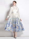 LONG SLEEVE SATIN VINTAGE PRINTED DRESS