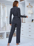 FASHION PLAID LONG SLEEVE DEEP V-NECK TWO-PIECE SUIT