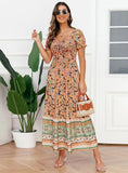 V-NECK PUFF SLEEVES DRAWSTRING DRESS
