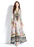 RETRO DEEP V-NECK LANTERN SLEEVE PRINTED DRESS